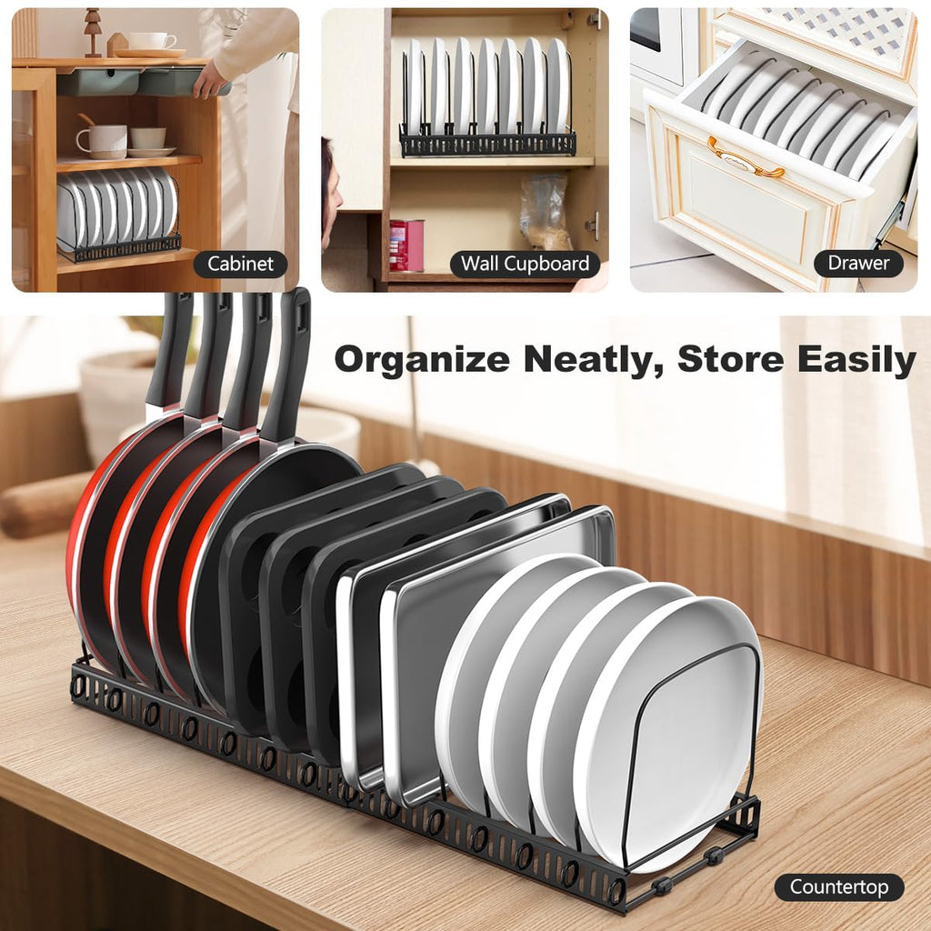 Housolution Cutting Board Organizer Rack, Expandable Baking Tray and Cookie Sheet Organizer with 14 Adjustable Dividers, Bakeware Organizer Pot and Pan Holder for Cabinet, Black