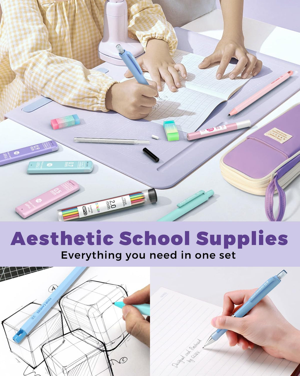 Four Candies 36PCS Aesthetic School Supplies, Mechanical Pencils 0.5mm, 0.7mm, 0.9mm & 2.0mm with 624PCS Lead Refills, Cute Mechanical Pencils for Writing, Drawing & Drafting (Purple)
