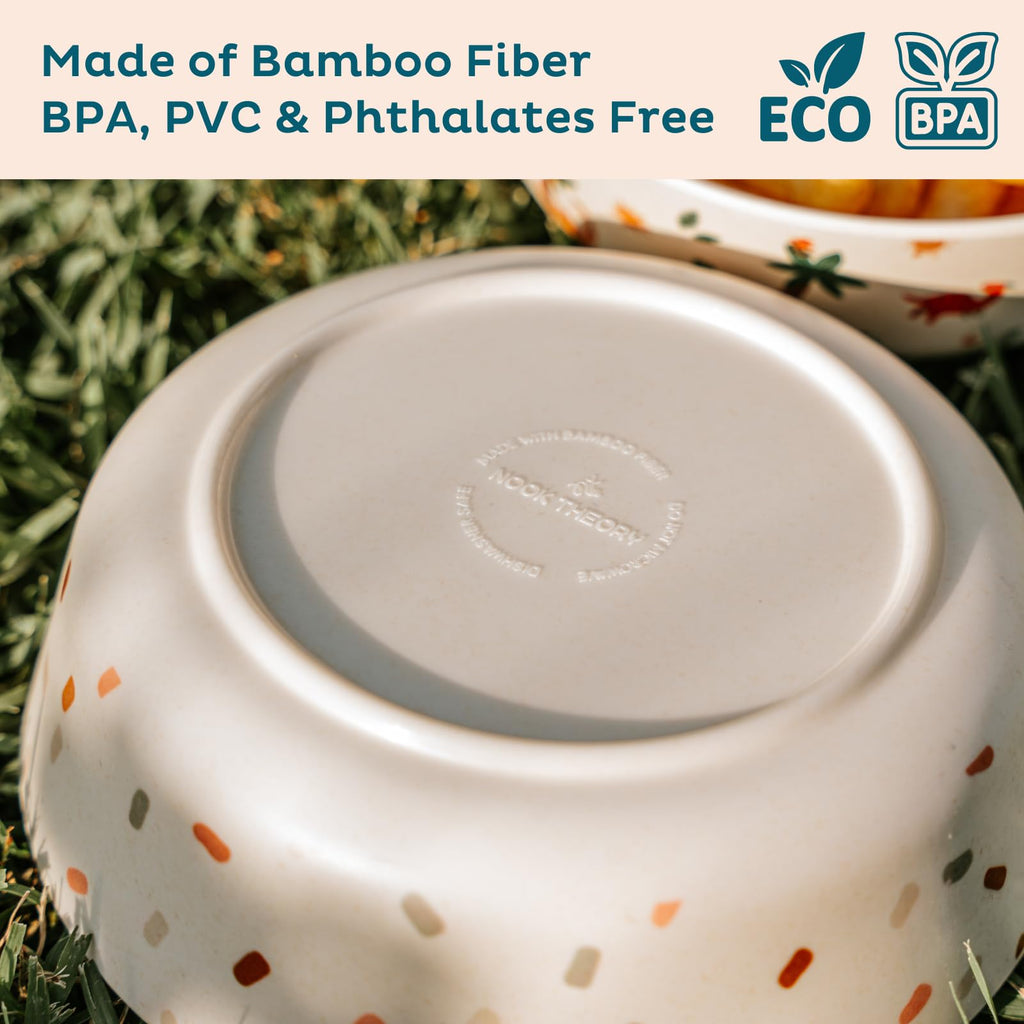 Nook Theory 4 Pack Bamboo Bowls - 18 Oz Reusable Toddler and Kids Bowl, Dishwasher Safe - Not Microwavable Bamboo Dishes (Celebration)
