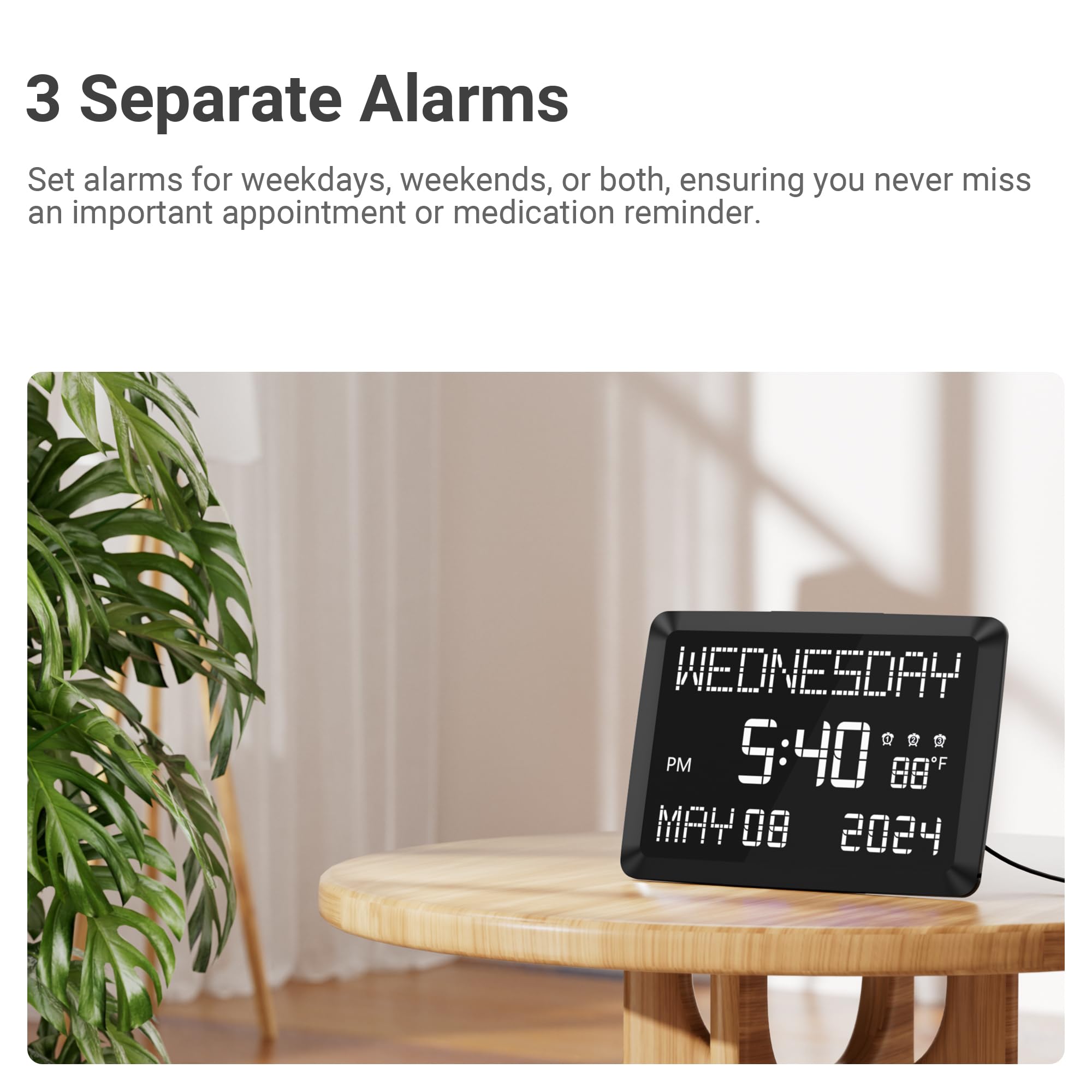 11.5" Large Digital Clock for Seniors, Dementia Clock with Temperature/Date/Week,3 Alarms,5 Dimmer,15 Volume,Battery Backup,Calendar Clock for Living Room Home Office Elderly