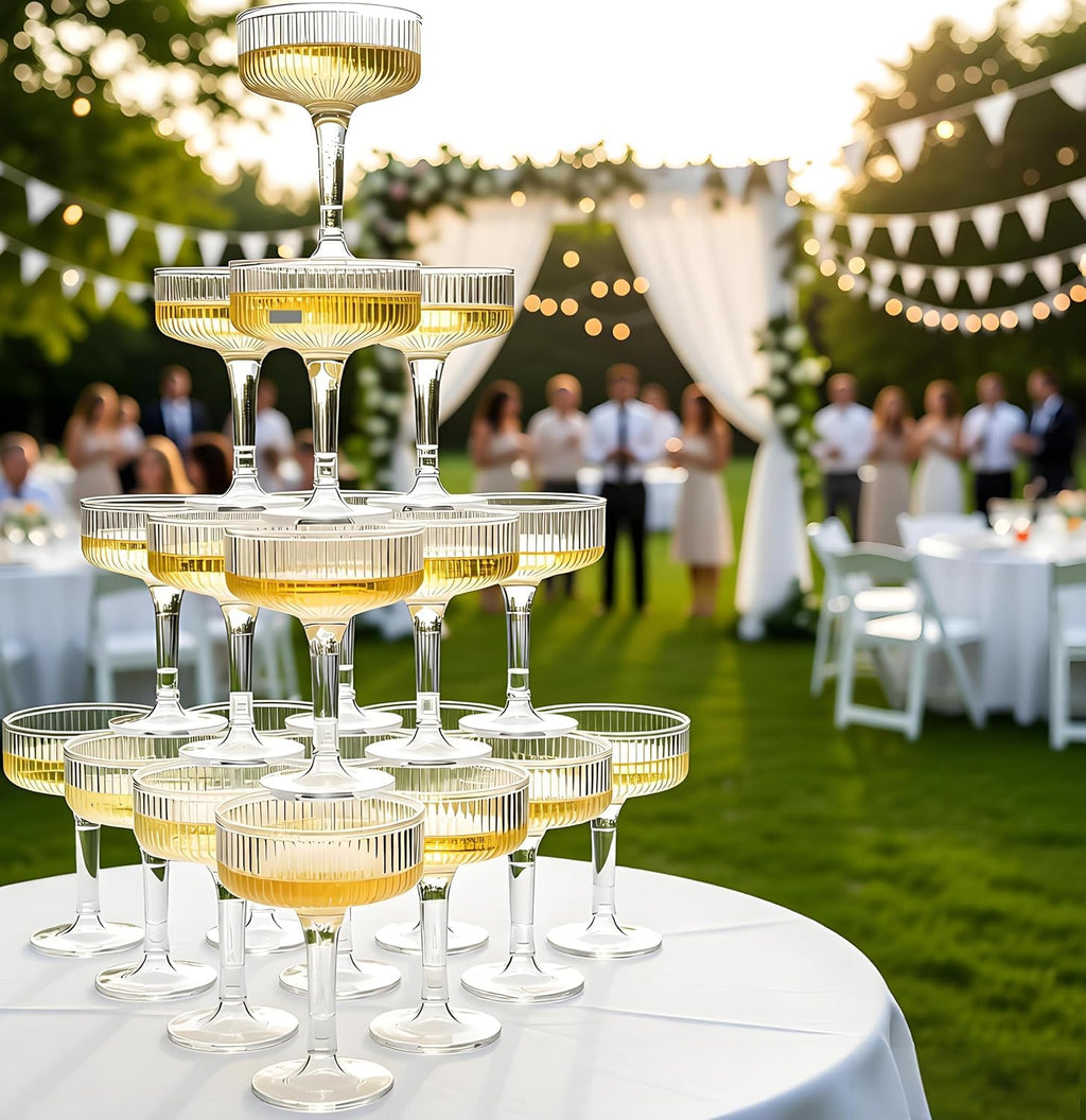 SOBECHOI 4-Tier Champagne Premium Champagne Tower Set - 20 Pcs Clear Plastic Coupe Glasses, Stackable Fluted Toasting Flutes for Parties & Weddings, Elegant Shatterproof Drinkware 7 oz
