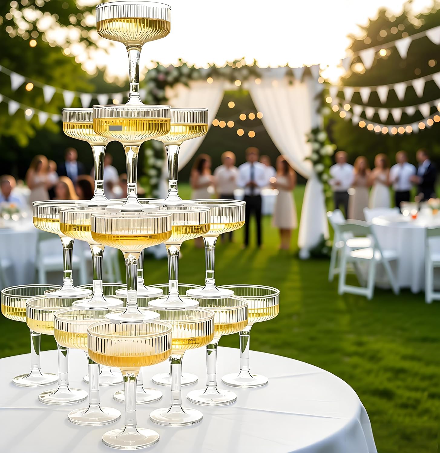 SOBECHOI 4-Tier Champagne Premium Champagne Tower Set - 20 Pcs Clear Plastic Coupe Glasses, Stackable Fluted Toasting Flutes for Parties & Weddings, Elegant Shatterproof Drinkware 7 oz