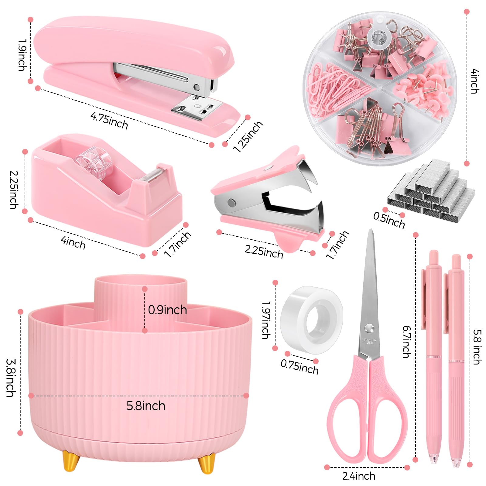 SKYDUE Pink Desk Accessories 10Pcs, 360-Degree Rotating Pen Holder, Stapler, Staple Remover, Tape Dispenser,2pcs Tape Refills, Binder Paper Clips Kit, Scissor,Pink Office Supplies