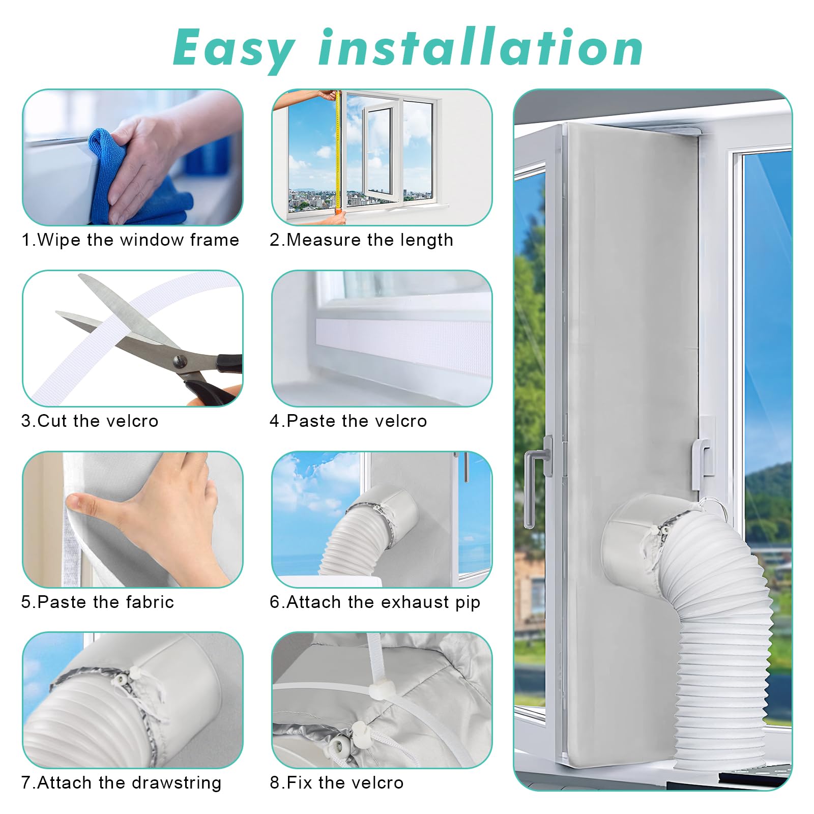 Fohil 400CM (157") Portable AC Window Seal Kit, Window Vent Seal Kit for Portable Air Conditioner Dryer, Waterproof Full Sealing A/C Vent Sealing Cloth for Push Out Windows