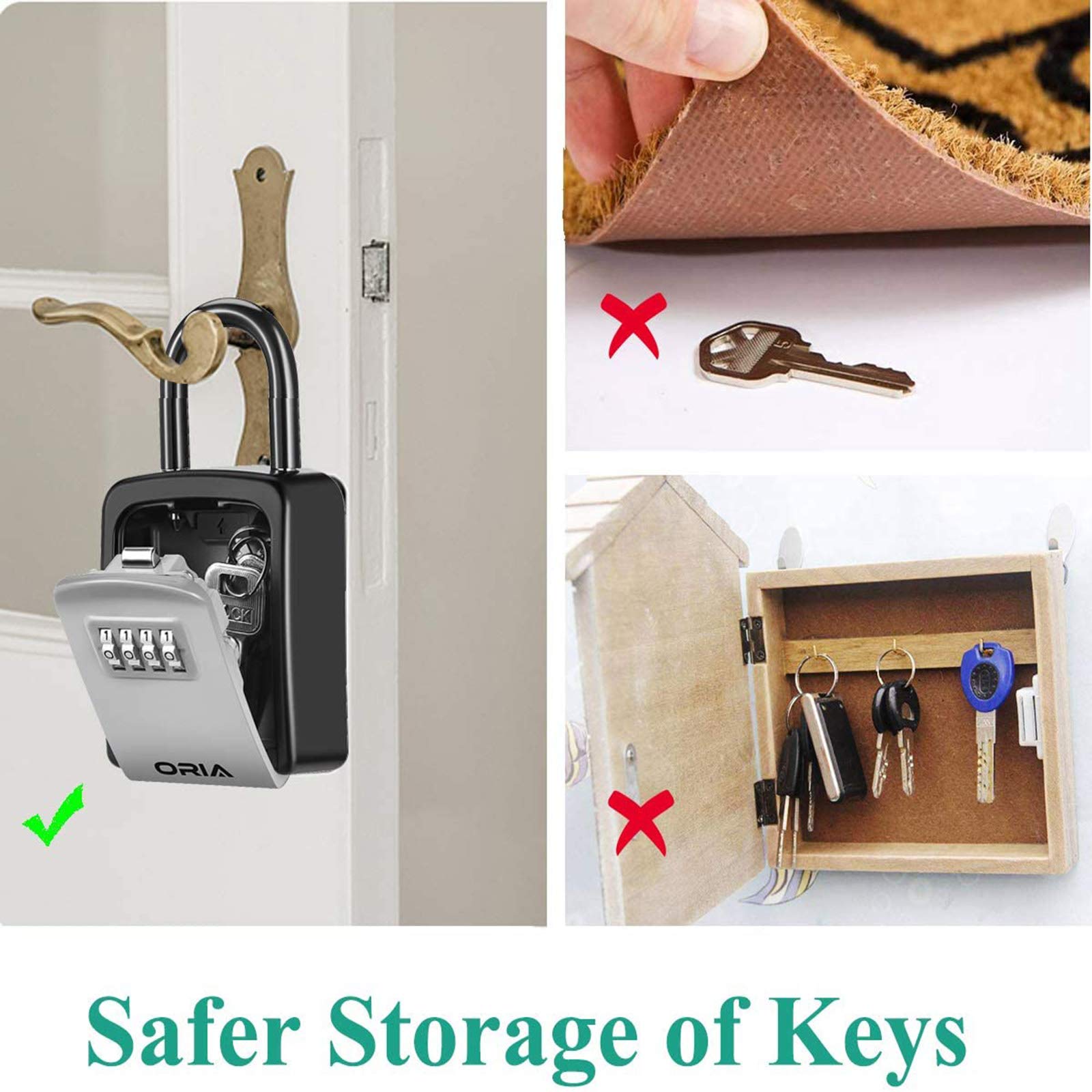 ORIA Key Lock Box, Lock Box for Keys Outdoor with Combination, Shackle, Weatherproof, for House, Hotel or Car - BlackSilver