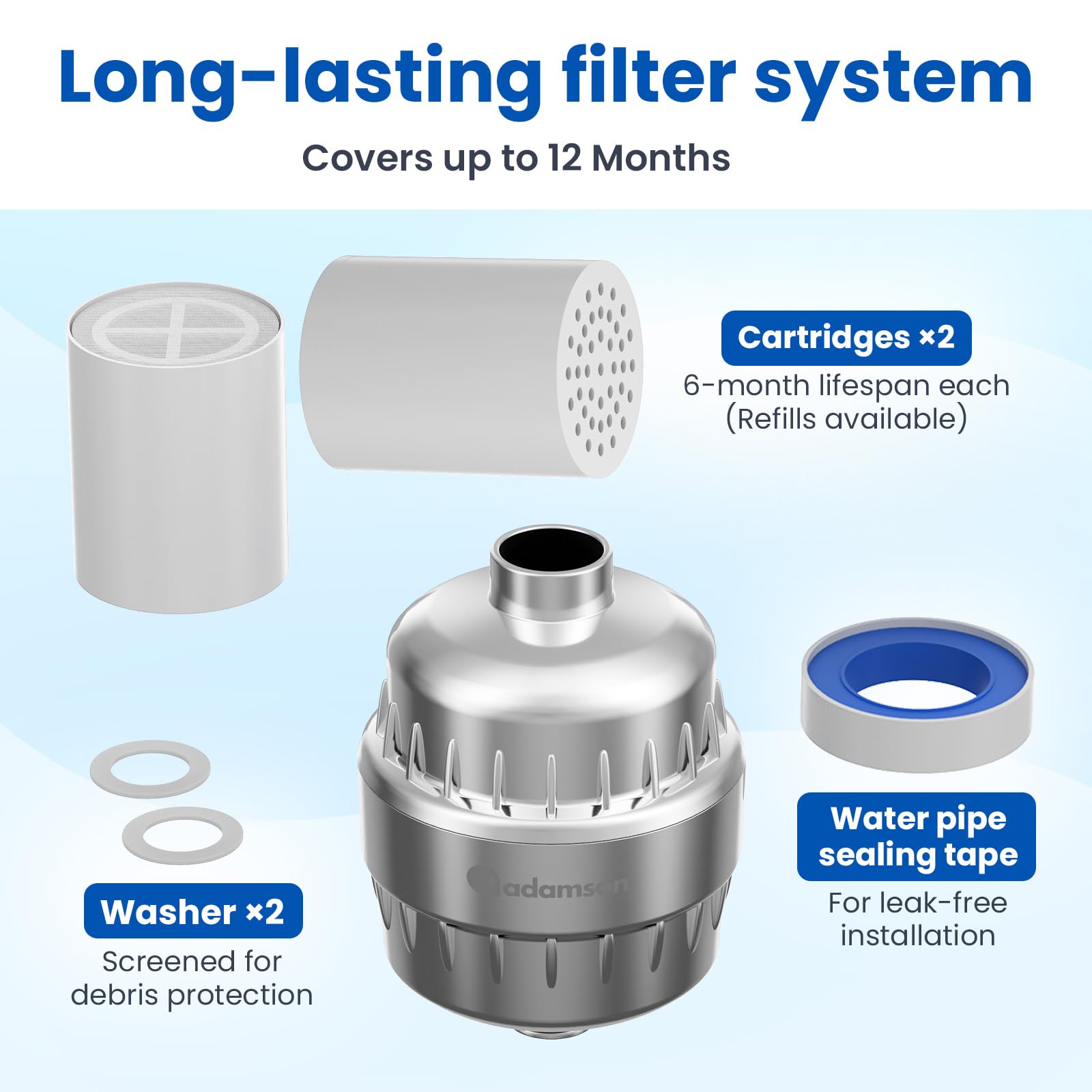 Adamson Shower Filter for Hard Water – 36-Stage High Output Filtered Shower Head/Filtre de Douche, Reduces Chlorine & Heavy Metals – Improves Skin & Hair – Easy Install – Extra Cartridge Included