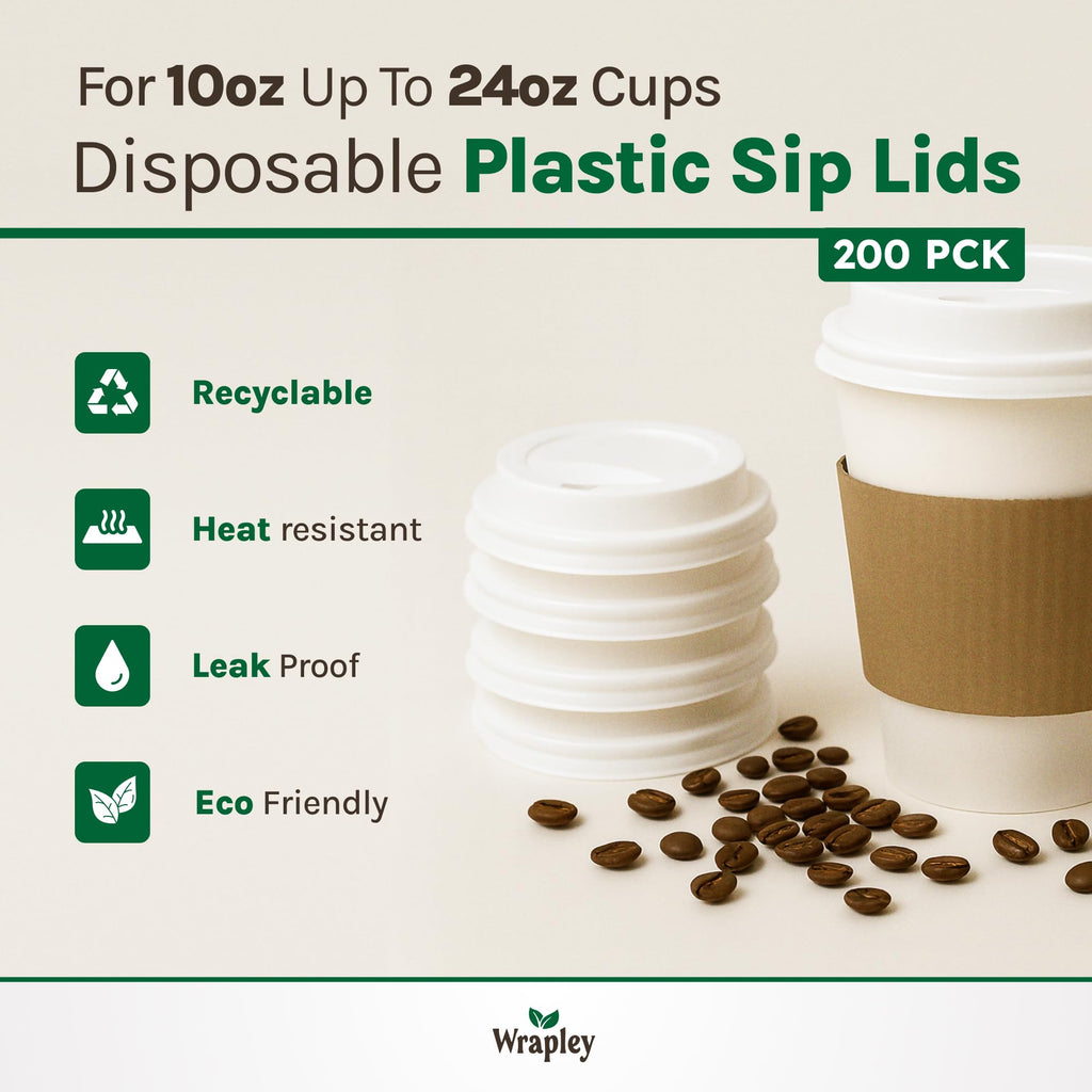 90mm White Plastic Sip Lids for Disposable Paper Cups – Set of 200 PET Covers for 10oz to 24oz Coffee Cups – Recyclable, Hot and Cold Beverages – Pack of 200 Units