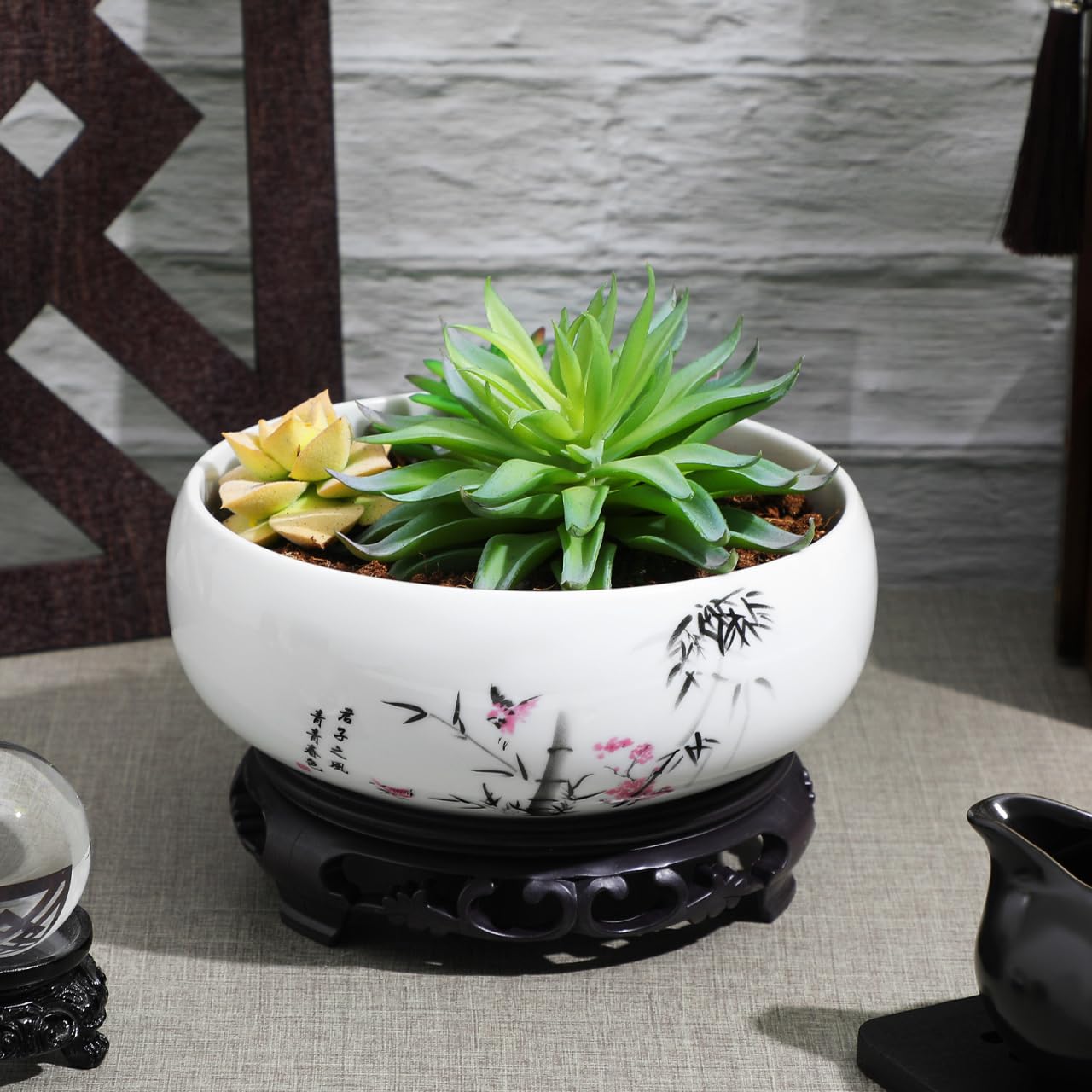 YARNOW Hydroponic Ceramic Planter Pot with Base 6.88 Inch Porcelain Flower Pot for Indoor Succulent Plants Orchid Bonsai Home and Office Garden Decor
