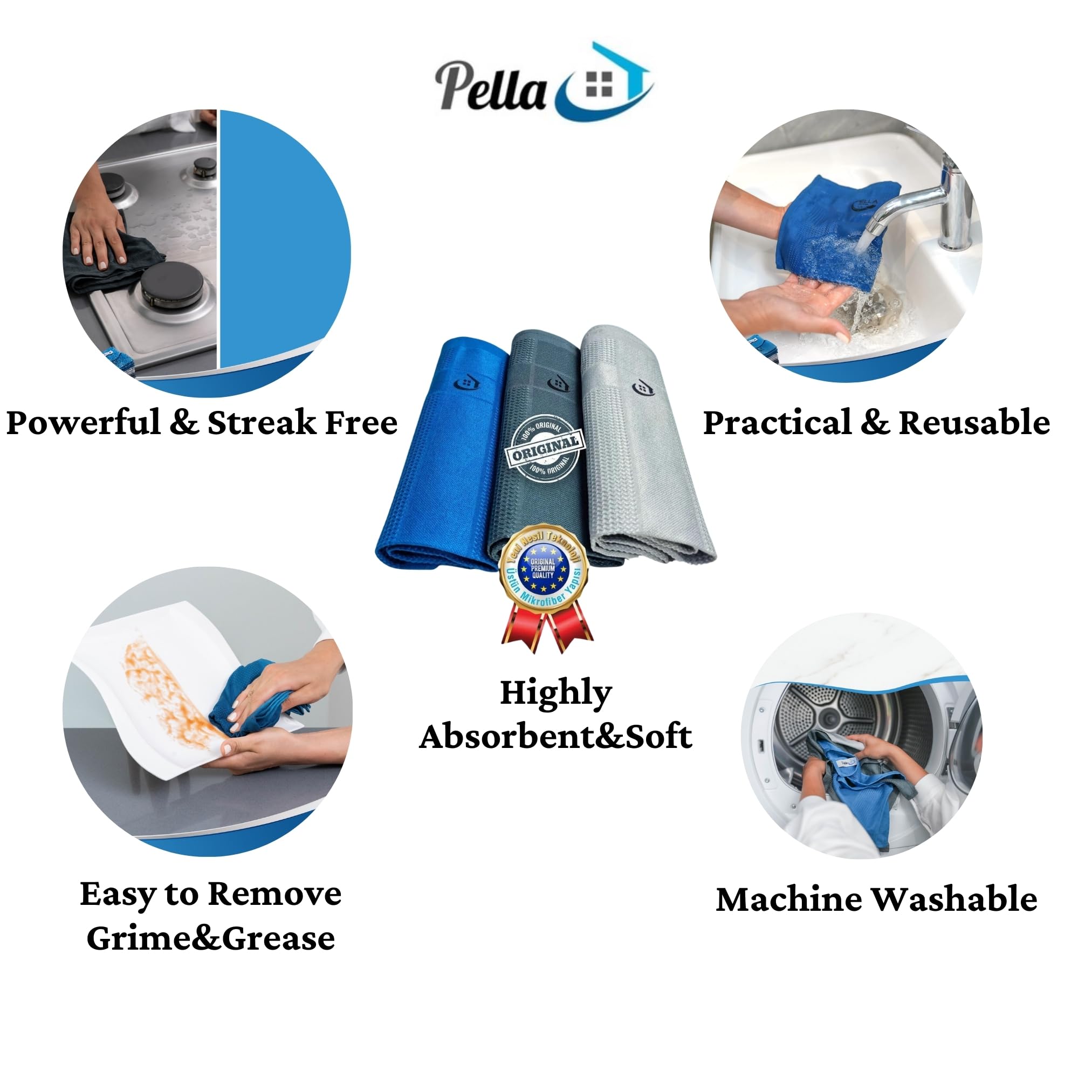 Pella Microfiber Cleaning Cloth | All Purpose, Absorbent Washcloth | Large Microfiber Towel for Cars, Kitchen, Window | Lint-Free, Scratch-Free Glass Cleaning Cloth, 23”X15” (Pack of 3)