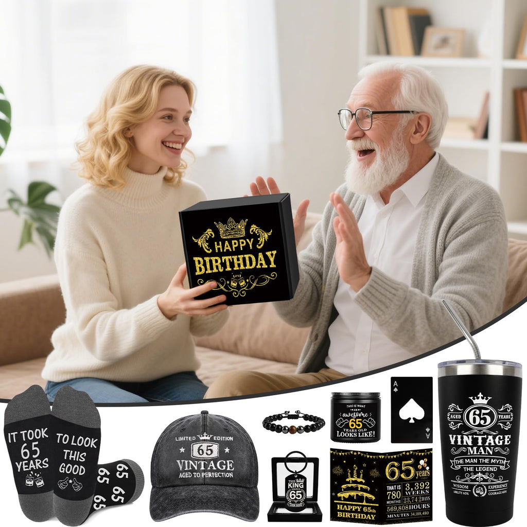 65th Birthday Gifts for Men - Unique Birthday Box with 20 Oz Tumbler, Baseball Cap, Socks, Bracelets, Happy 65th Birthday Decorations for Husband, Dad, Grandpa, Friends, Boss