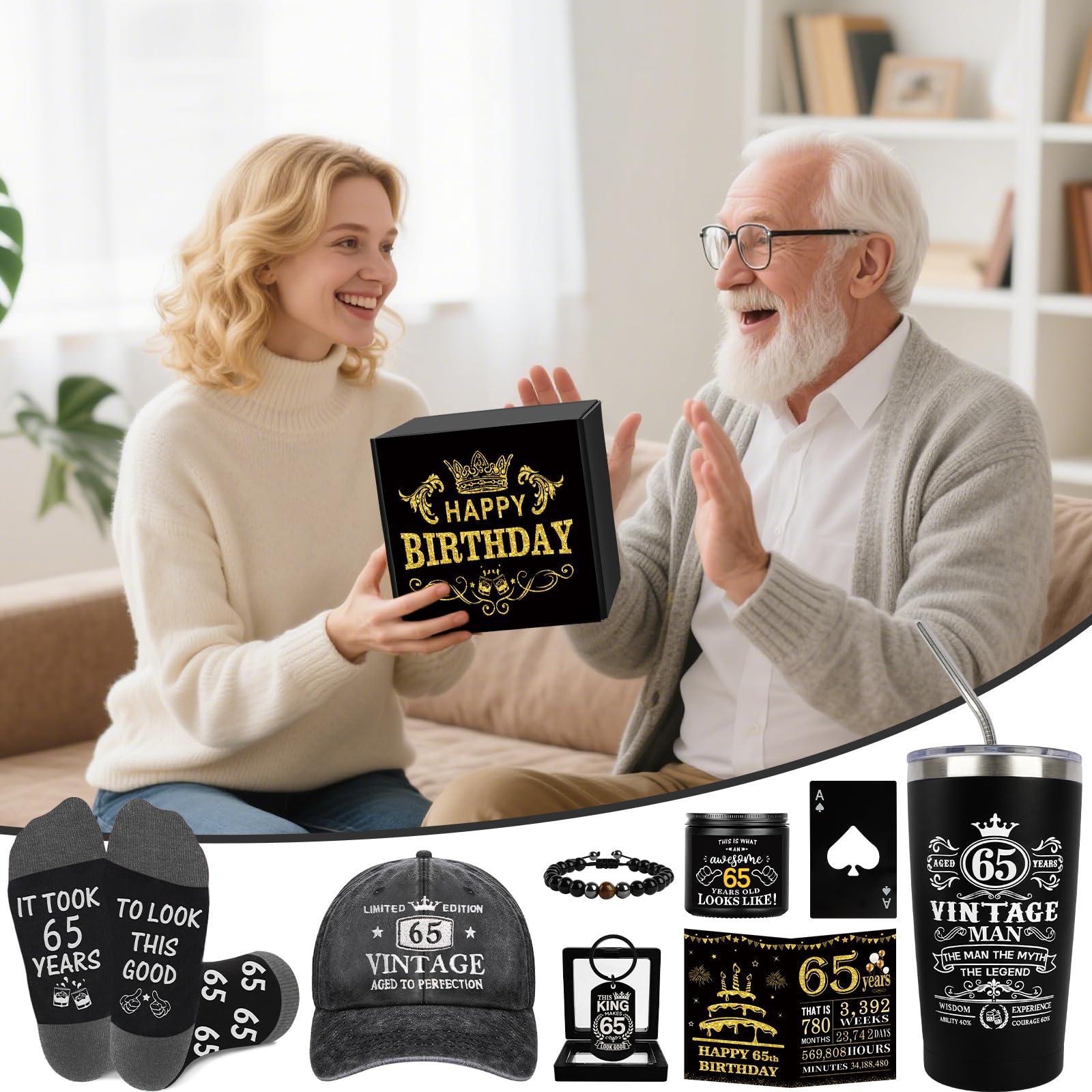 65th Birthday Gifts for Men - Unique Birthday Box with 20 Oz Tumbler, Baseball Cap, Socks, Bracelets, Happy 65th Birthday Decorations for Husband, Dad, Grandpa, Friends, Boss
