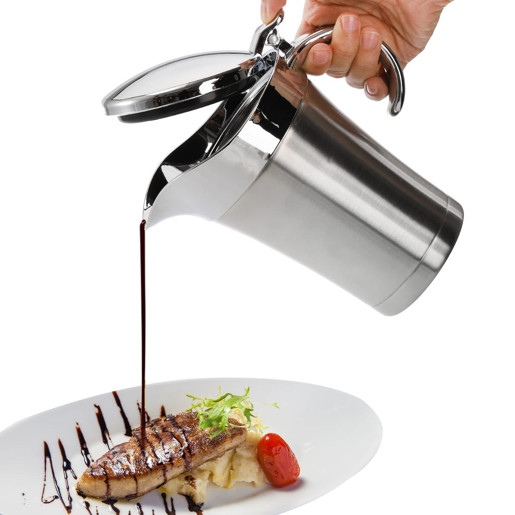 Peohud Double Insulated Gravy Boat with Lid, 700ml Stainless Steel Gravy Jug with Hinged Lid, Gravy Warmer Pitcher for Home, Easy Clean Serving Jug for Custard and Cream