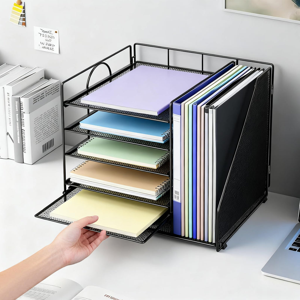 Desk Organizer with File Holder, 5-Tier Paper Letter Tray, Mesh Desktop Office Supplies with Magazine Holder for Books, Letter Tray Paper Organizer for School, Home, Office