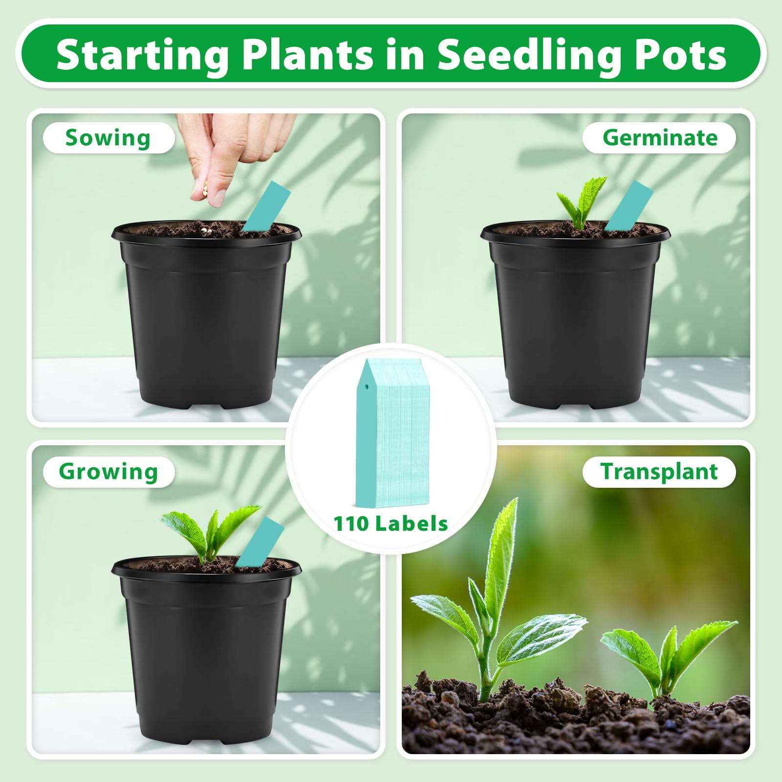 SYOURSELF 110 Pack Plastic Plants Nursery Pots 4 Inch Seed Starting Pot Plastic Flower Pots with 110 Pcs Waterproof Plant Labels for Succulents, Seedlings, Cuttings, Transplanting (Black, 4 inch)