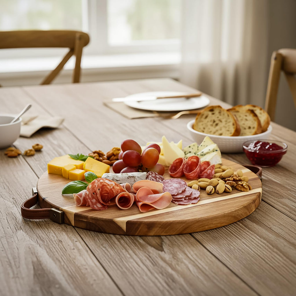 Hiceeden Acacia Wood Deviled Egg Platter with Handles for Easter, 24 Holes Round Deviled Egg Tray Container, Reversible Charcuterie Board Egg Plate Serving Tray for Countertop