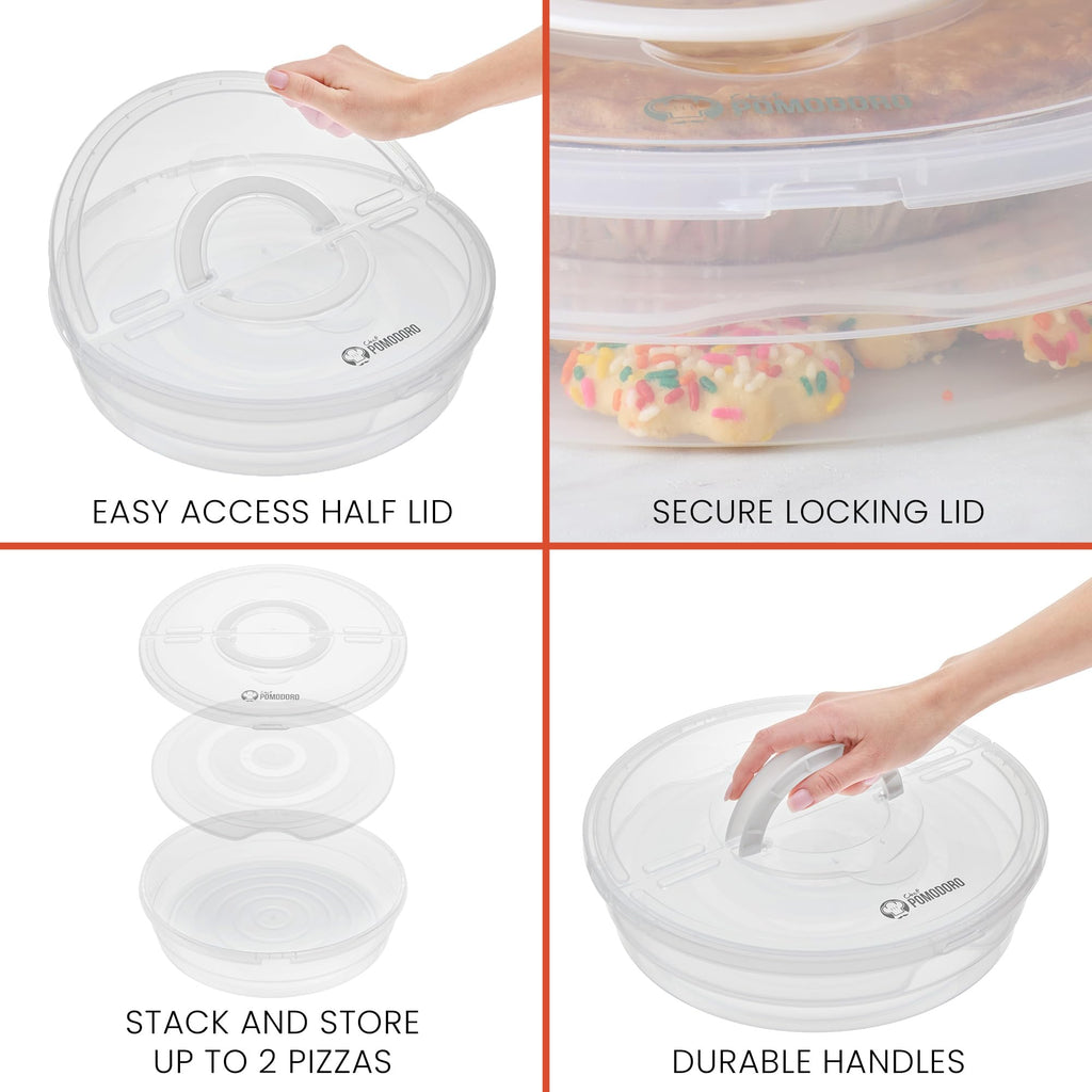 Chef Pomodoro Pie Carrier for 2 Pies 12-Inch, Multi Pie Carrier With Lid and Handle, Pizza Holder With Lid, Reusable Pizza Storage Container for Transport, Stackable Food Keeper, Dough Box, 2 Pack