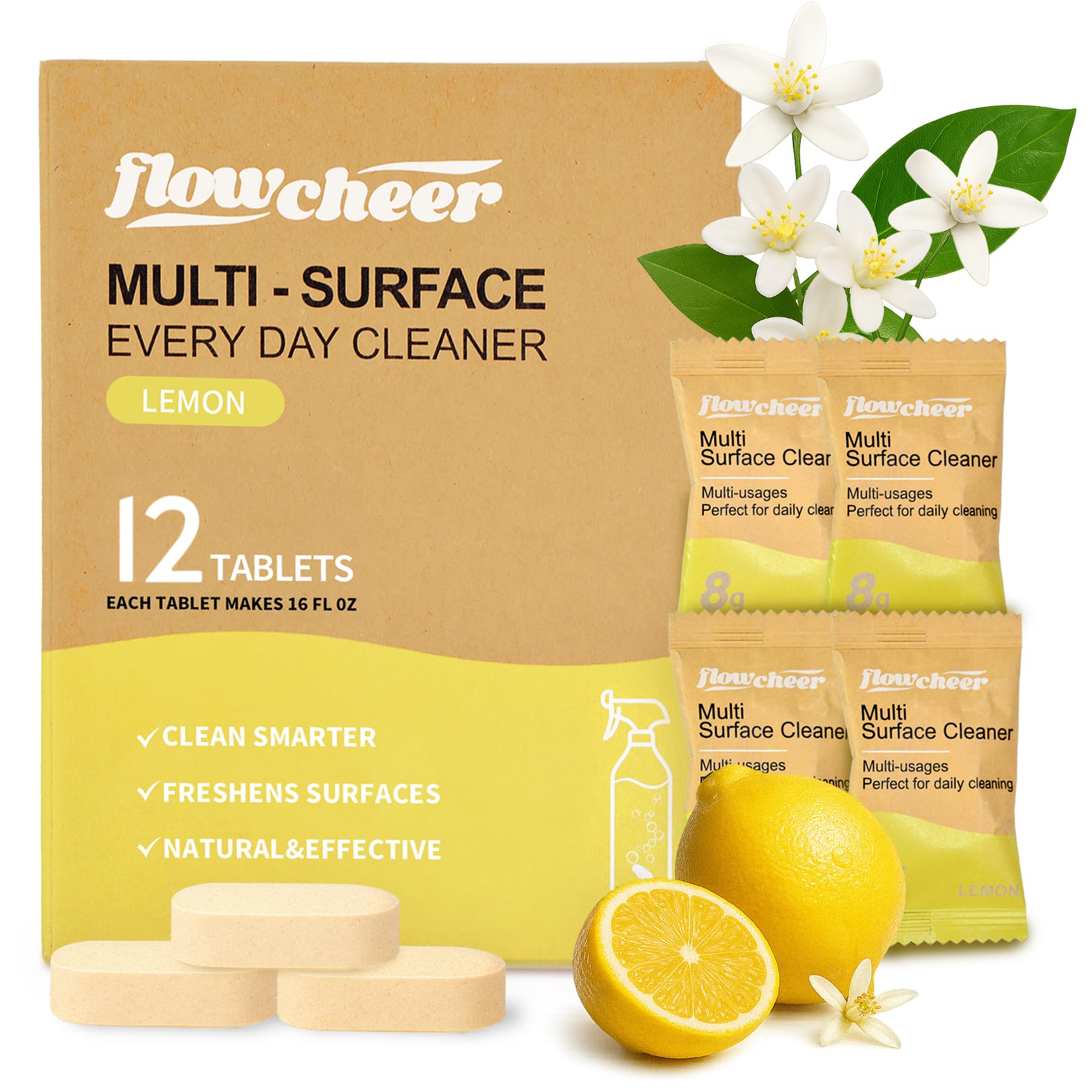 Flowcheer All Purpose Cleaner Concentrate Refills, Multi Surface Clean Refill,No Toxic Cleaning Tablets(12Pack)-Makes 192 fl oz(12x16Fl oz)Bottles of Spray Cleaner for Household&Kitchen Cleaning-Lemon