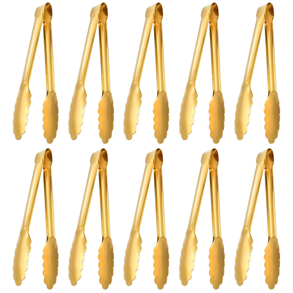 Worldity 10 Pack Gold Serving Tongs, Non-Slip & Easy Grip Golden Kitchen Utensils, Stainless Steel Gold Serving Tongs for Buffet, Salad Tongs for Bread, Fruit, Ice, Appetizer, Barbecue