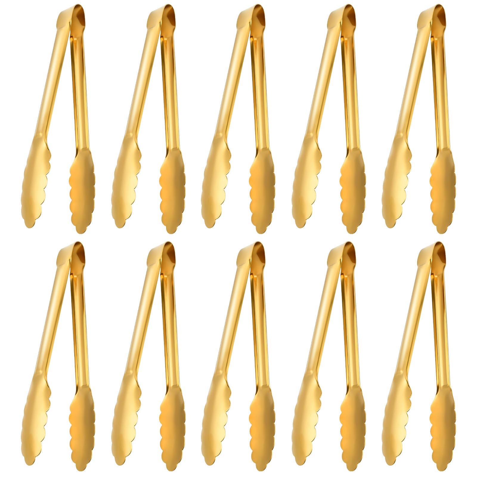 Worldity 10 Pack Gold Serving Tongs, Non-Slip & Easy Grip Golden Kitchen Utensils, Stainless Steel Gold Serving Tongs for Buffet, Salad Tongs for Bread, Fruit, Ice, Appetizer, Barbecue