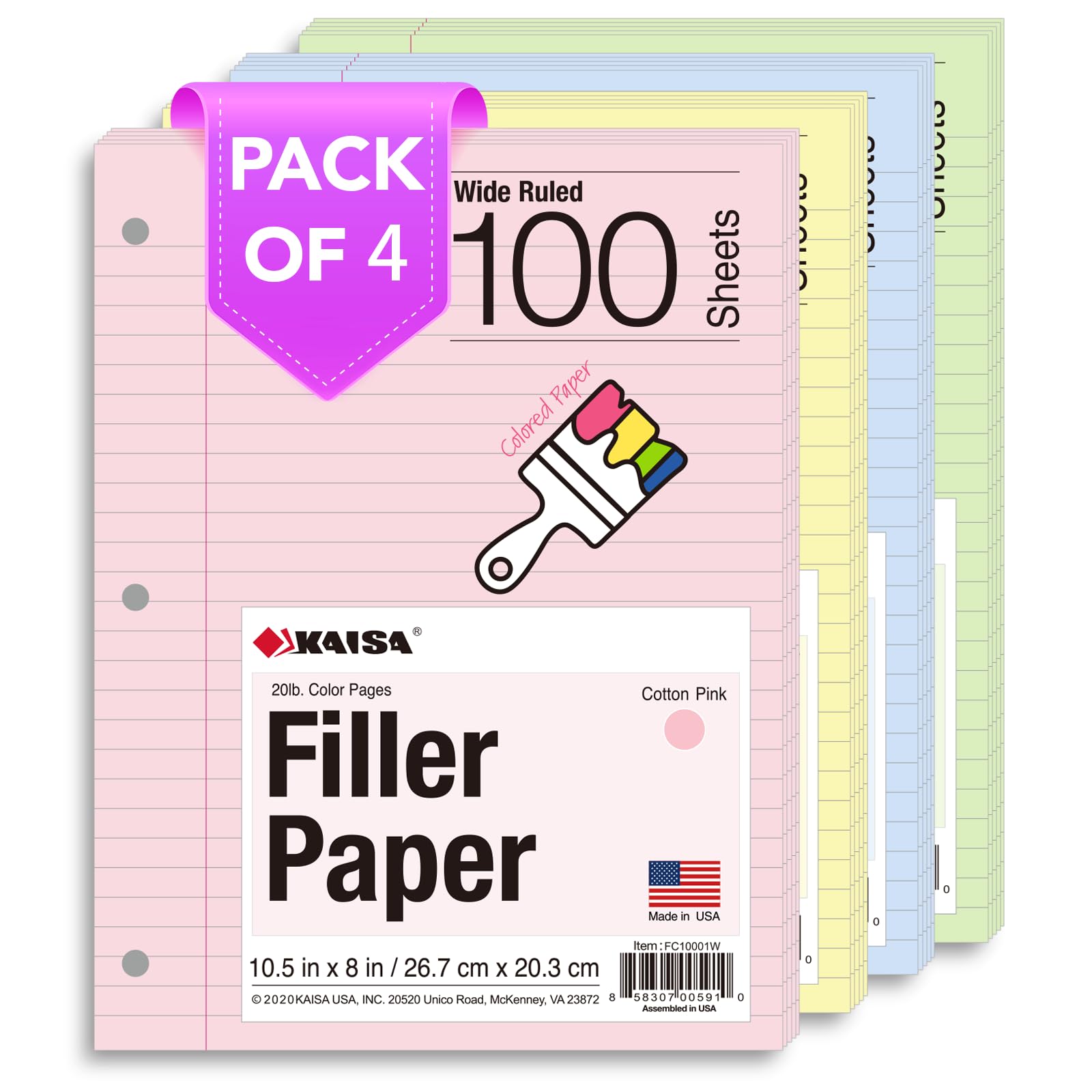 Kaisa Filler Paper Colored Loose Leaf Paper, Wide Ruled, 8x10.5in Colored and 3-Hole Punched for 3-Ring Binders, 100Sheets/Pack, 4-Pack, FC10001W