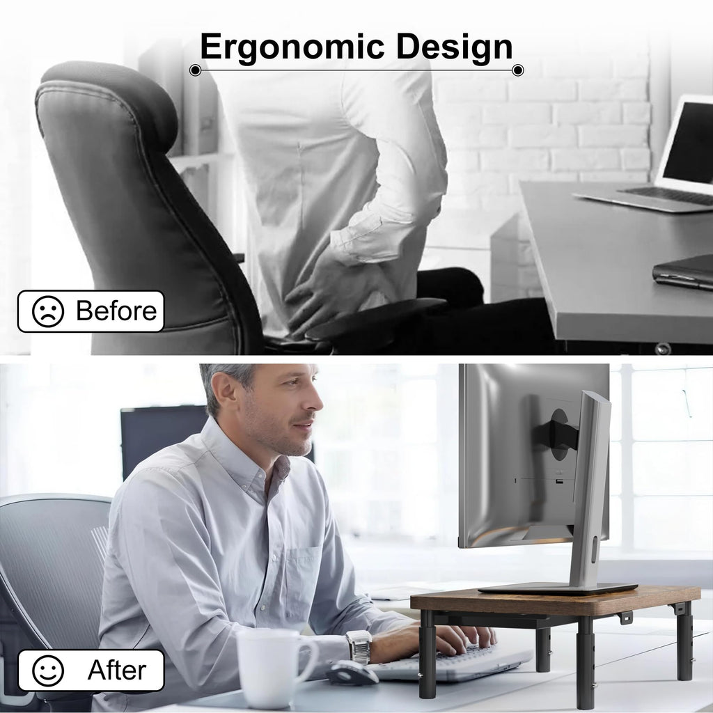 ETHU Monitor Stand for Desk, 3 Height Adjustable Computer Monitor Riser with Storage Drawer, Wood Computer Monitor Stand for Office and Home, Ergonomic Desk Stand for Printer, Laptop, PC (Walnut)