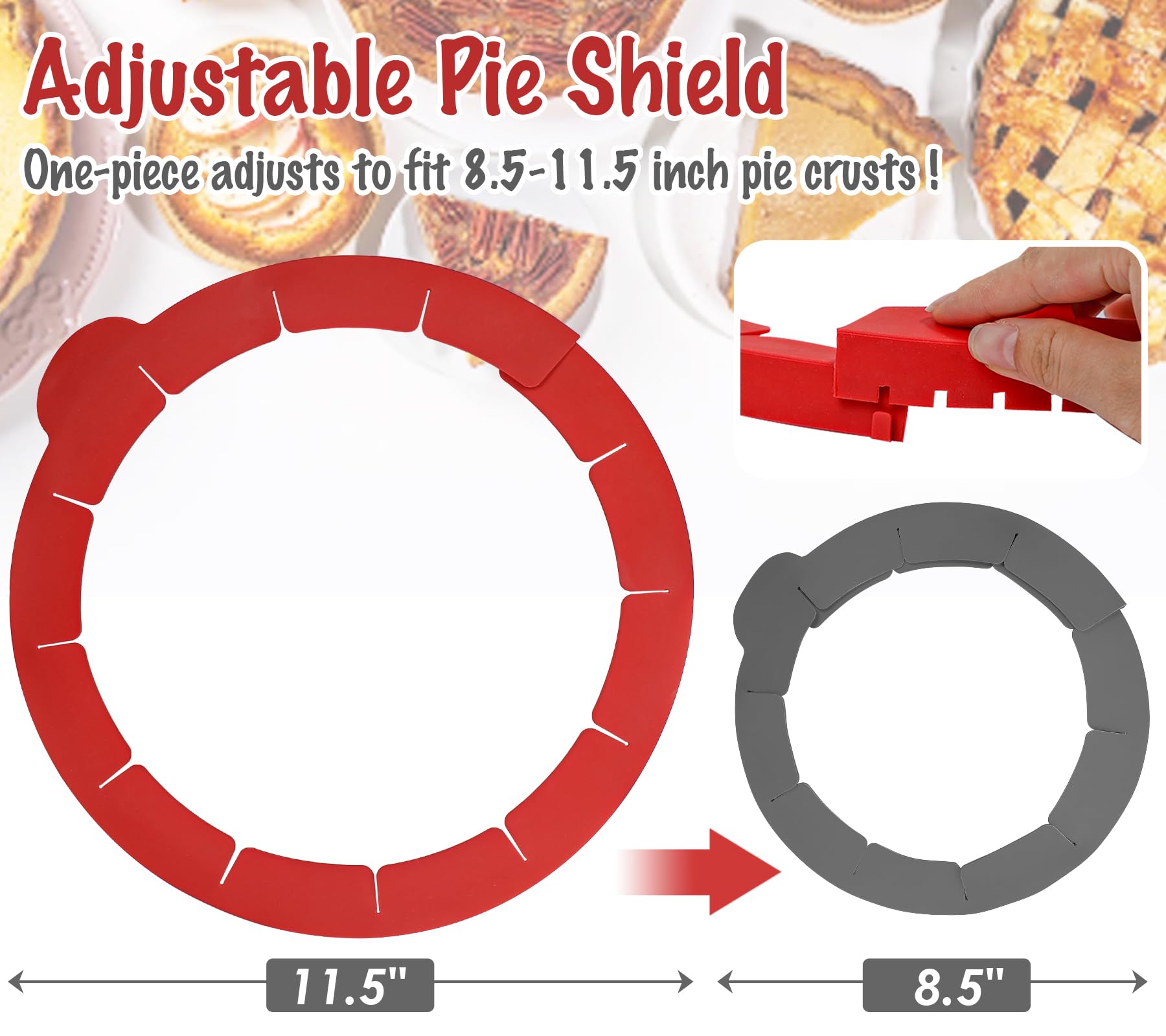 Webake Pie Crust Protector Shield Adjustable Pie Crust Shield Fits 11.5-9 Inch Pie Pan, European Food Grade Silicone Pinch Test Passed, Pack of 2, Red and Grey