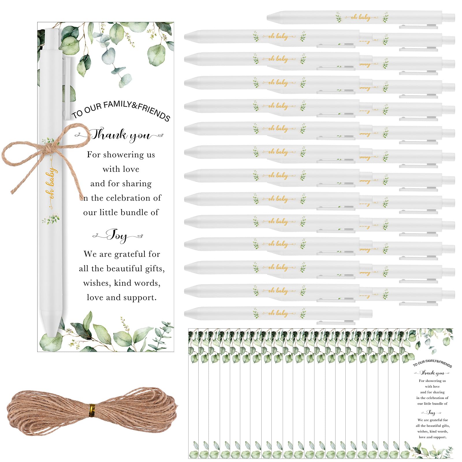 PIAOPIAONIU 36 Sets Baby Shower Favors for Guests Oh Baby Plastic Ballpoint Pens Thank You Cards with Hemp Rope for Gender Reveal Party Game Prizes Souvenirs (Greenery)