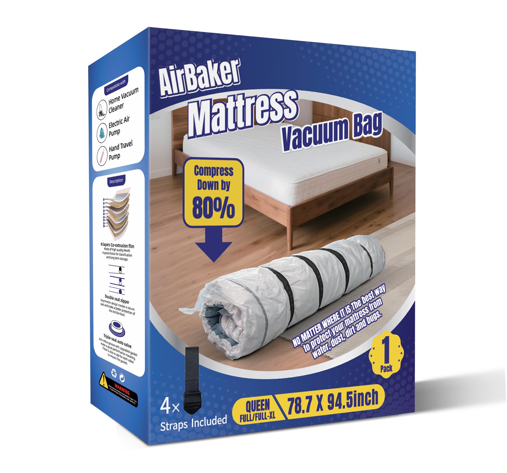 AirBaker Vacuum Storage Bags for moving, Vacuum Seal Bags for Memory Foam, Latex, Clothing & Bedding, Space Saver Bags for Organization and Storage(1 Queen/Full/Full-XL)