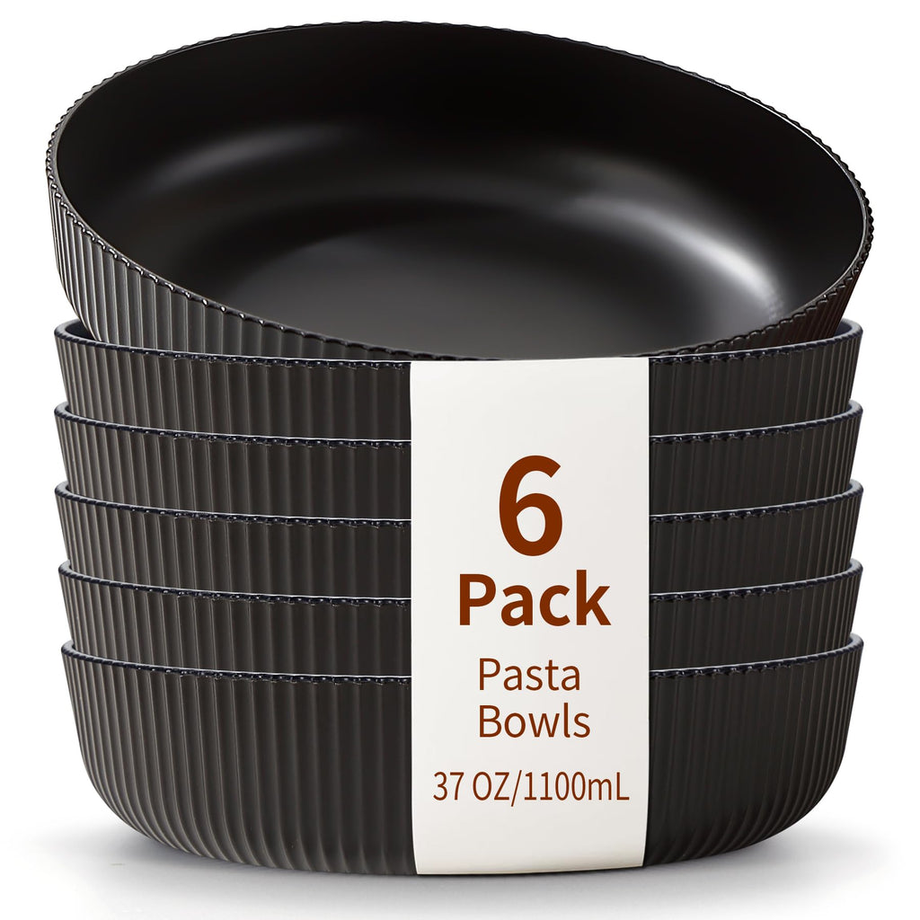 Homquen Pasta Bowls Set of 6, 37oz Salad Bowls Black Soup Bowls, Large Pasta Serving Bowls, Unbreakable Plastic Dinner Bowls, Dinnerware Sets,Valentines Day Gift, Dishwasher Safe (Black)