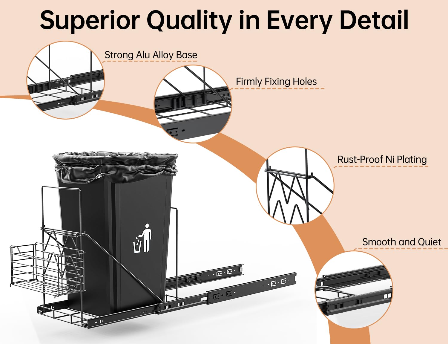 Cabinet Trash Can Pull Out Kit with Removable Garbage Bag Holder Under Sink Trash Can Pull Out Slider for 28–44 Quart Cans Up to 125 lb (Can Not Included) (Black)