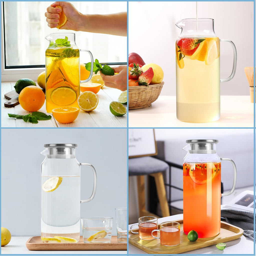 Yirilan Glass Pitcher, 2 Liter/68 OZ Water Pitcher with Lid and Spout, Large Pitchers for Drinks,Glass Water Carafe,Glass Jug,Beverage Pitcher.