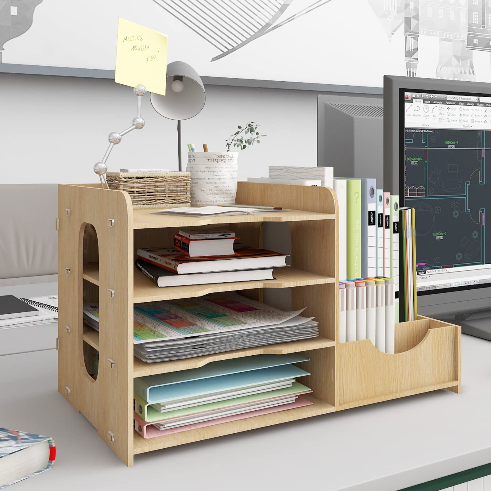 PUNCIA 4 Tier Wooden Desktop Organizer Letter A4 File Rack - Mail Sorter with Vertical & Horizontal File Holder, Tabletop Storage Box for Office Supplies Binders Folders Trays