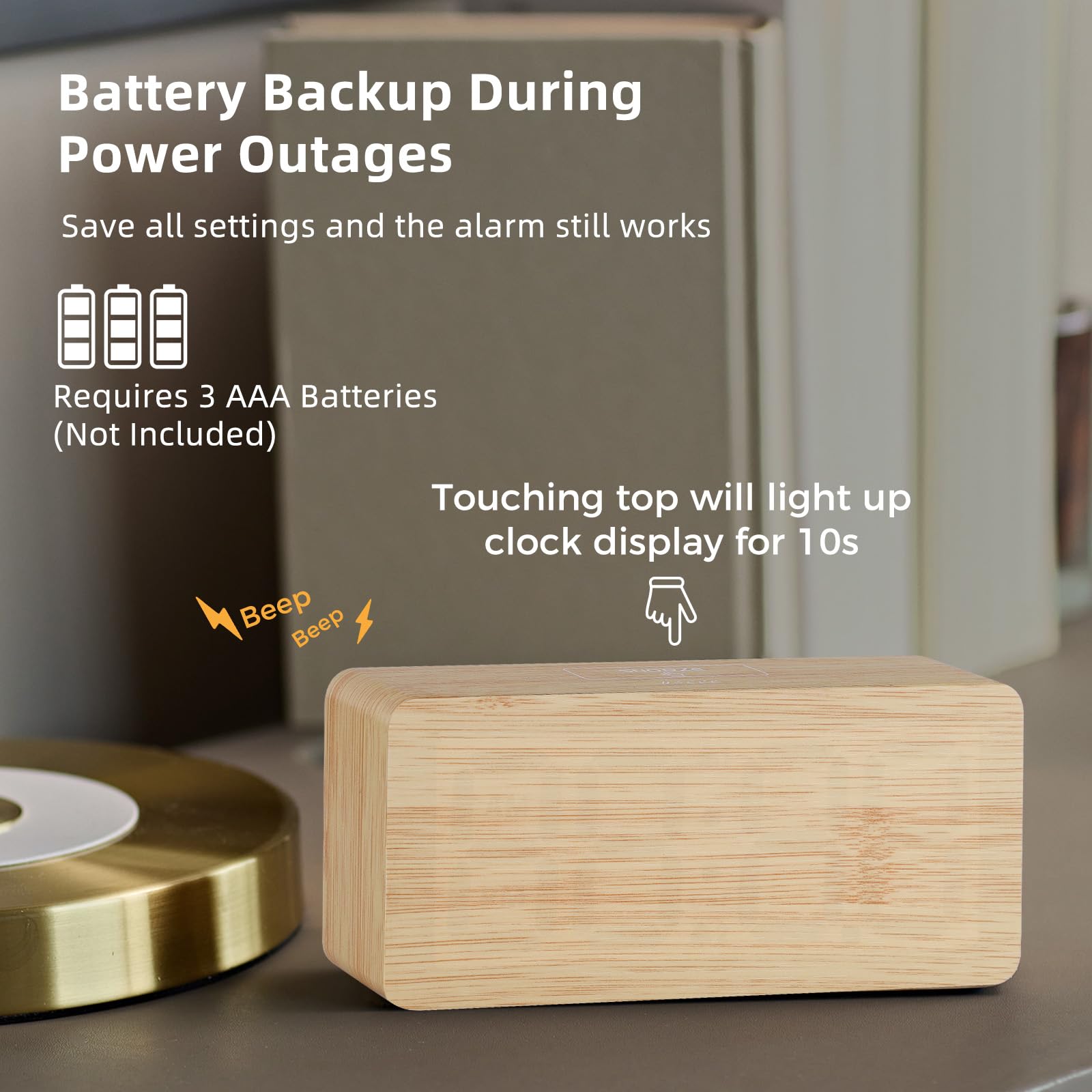 Wooden Digital Alarm Clocks for Bedrooms: Dimmable Dual Alarm Clock with Large Numbers for Bedside Desk - Bamboo