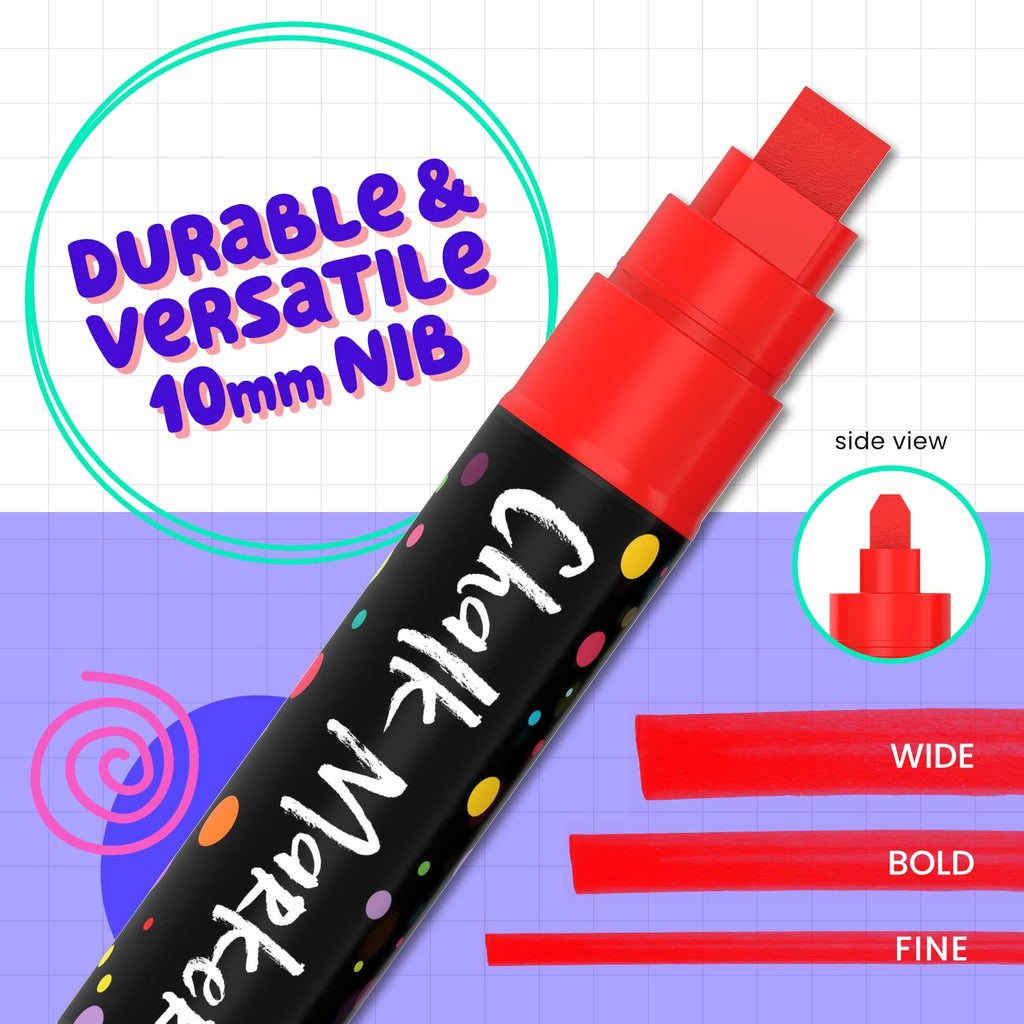Chalkola 10 Chalk Markers for Chalkboard, Blackboard, Window, Bistro, Car Glass, Board, Mirror - 10mm 3-in-1 Wide Nib