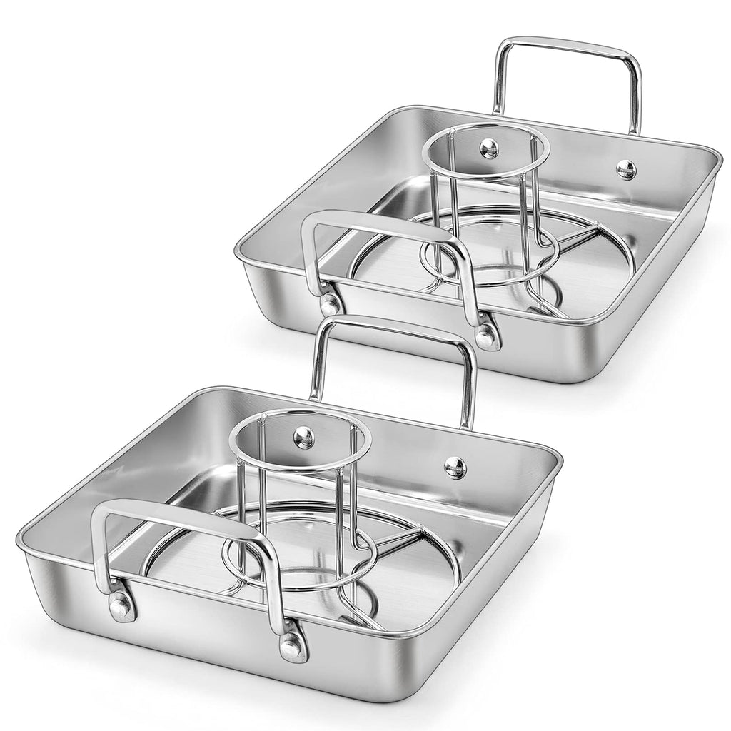 P&P CHEF Beer Can Chicken Holder with Roasting Pan Set, 9-inch Stainless Steel Square Baking Pan and Chicken Rack For Grilling, Heavy Duty & Dishwasher Safe, 4Pcs