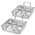 P&P CHEF Beer Can Chicken Holder with Roasting Pan Set, 9-inch Stainless Steel Square Baking Pan and Chicken Rack For Grilling, Heavy Duty & Dishwasher Safe, 4Pcs
