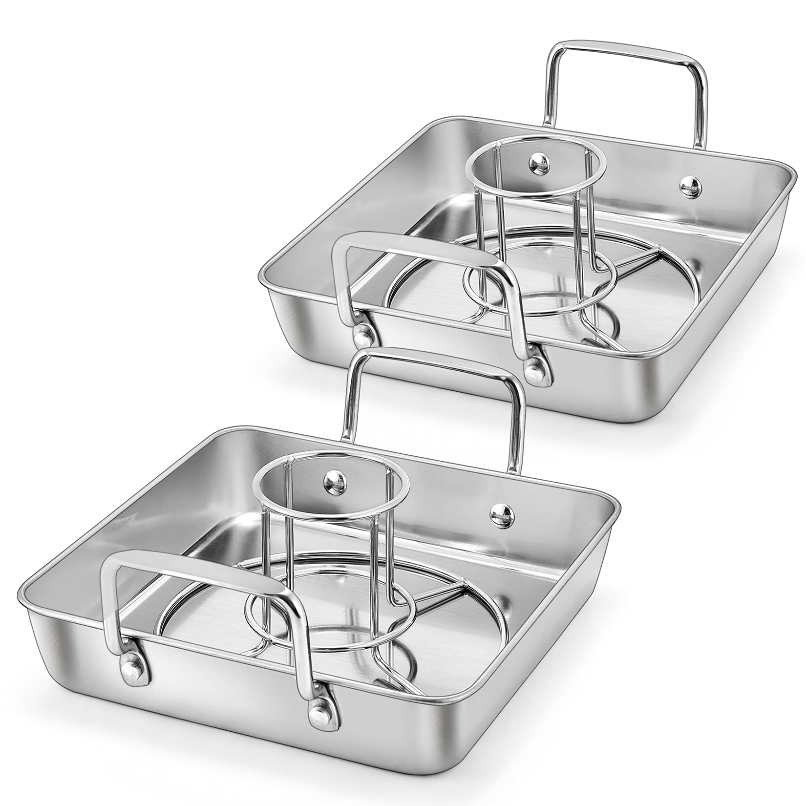 P&P CHEF Beer Can Chicken Holder with Roasting Pan Set, 9-inch Stainless Steel Square Baking Pan and Chicken Rack For Grilling, Heavy Duty & Dishwasher Safe, 4Pcs