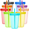Youngever 9 Sets 16 Ounce Plastic Cups with Lids and Straws, Reusable Plastic Cups with Straws (Rainbow Colors)