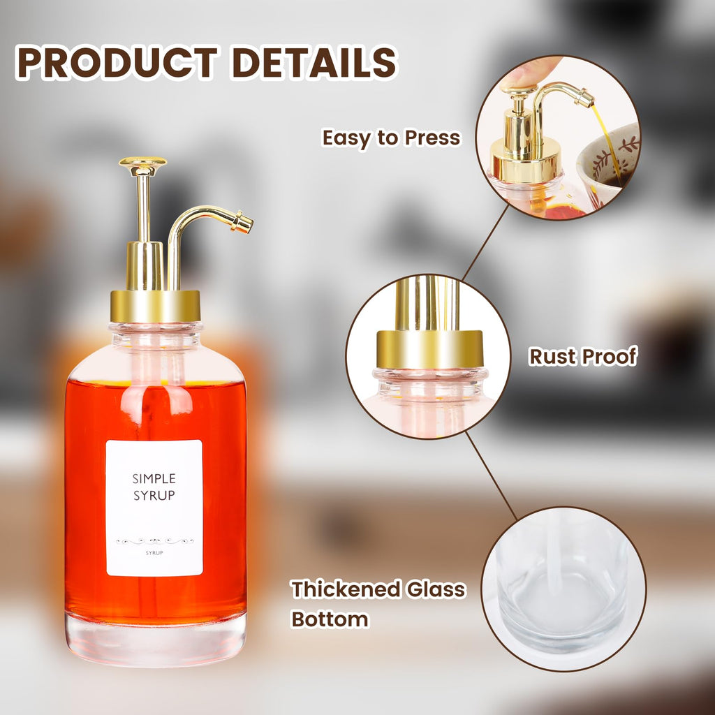 16.9oz Coffee Syrup Dispenser 4Pack- Glass Syrup Dispenser Kit for Coffee Bar Accessories for Home Coffee Bar/Premium Labeled Barista Kit, Gold