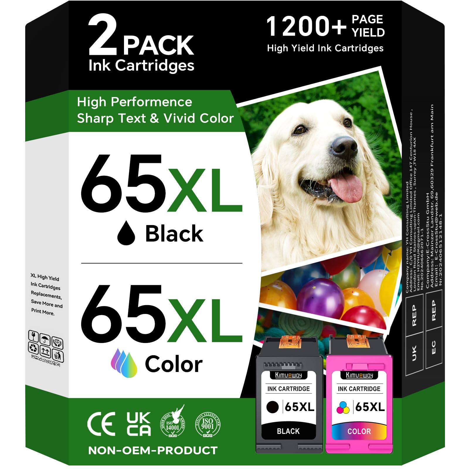 Printer Ink 65XL for HP 65 Ink Cartridges - 2 Pack 65XL Black and Colour High Yield Replacements for HP Ink 65 Compatible for HP Envy 5055 5052 5058 DeskJet 2652 2655 3755 3720 3722 3752 3758 Printers