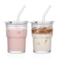 INSETLAN 13oz Glass Tumbler with Lid and Straw 2 Pack - Ribbed Glass Cup Iced Coffee Glasses, Clear Leakproof Tumbler Cup for Smoothies, Iced Latte,Matcha, Cold Drinks (2)