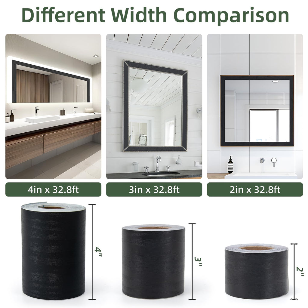LONGKING 32ft x 4.2in Black Mirror Tape Border, Peel and Stick Mirror Border for Bathroom, Waterproof PVC Wallpaper, 393x4.2 in
