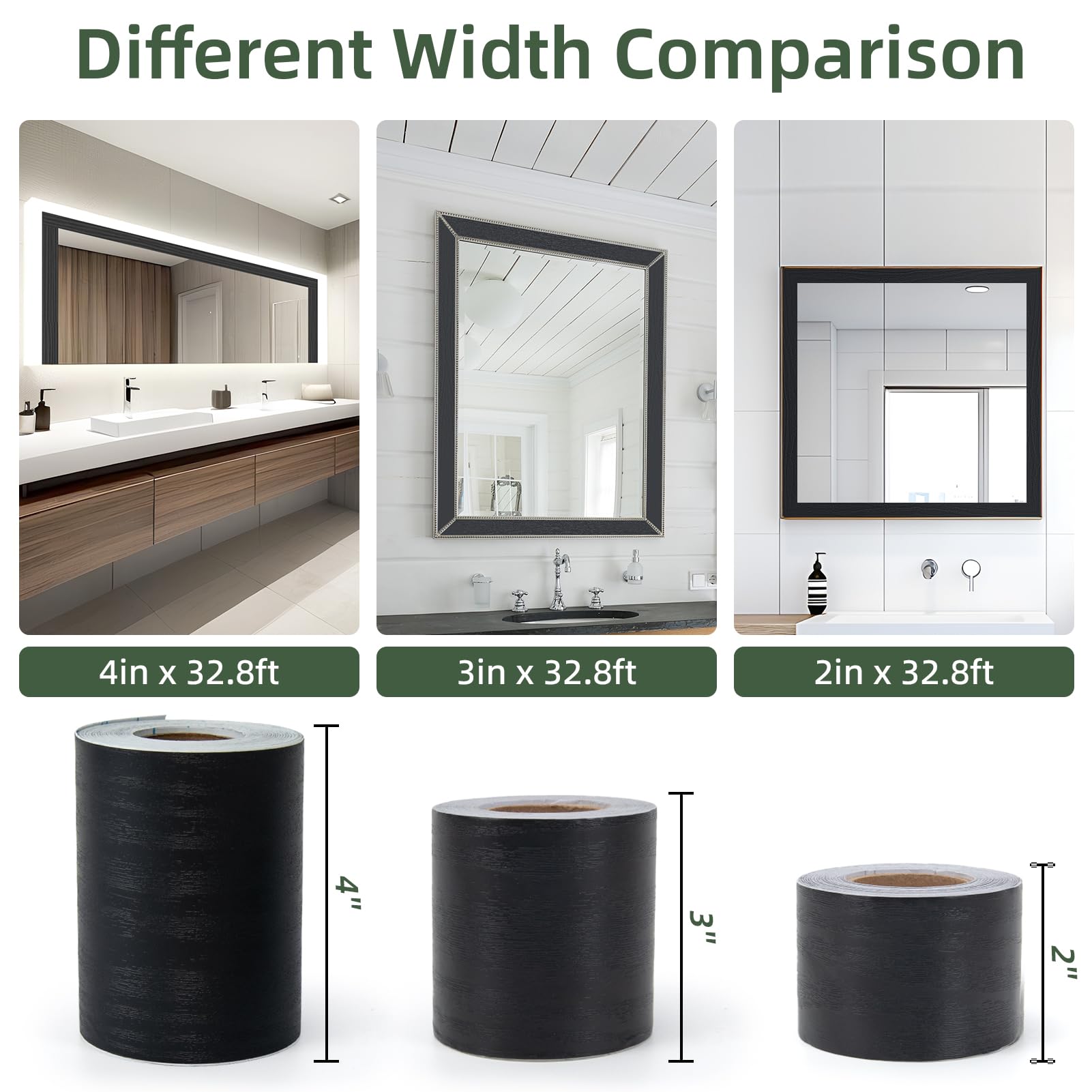 LONGKING 32ft x 4.2in Black Mirror Tape Border, Peel and Stick Mirror Border for Bathroom, Waterproof PVC Wallpaper, 393x4.2 in