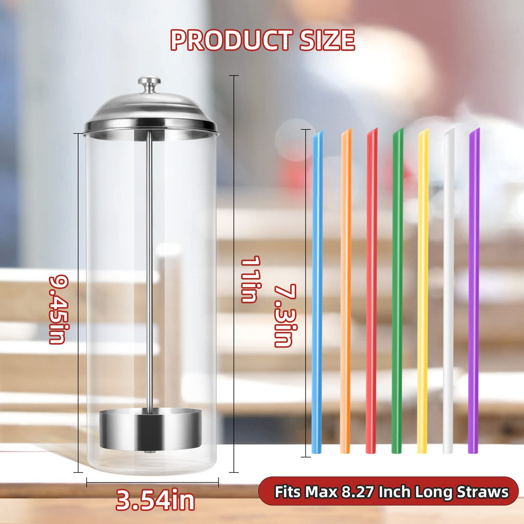 Kailund Glass Straw Holder Drinking Straw Dispenser for Counter with 200 Straws & Stainless Steel Lid, Retro Straw Organizer Container for Cafes, Bars, Home