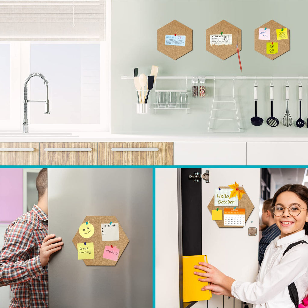 TUPARKA 8 Pack Cork Board Hexagon Bulletin Boards Cork Tiles 8.2"x7" - 1/4" Self-Adhesive Corkboards with 50 Push Pins Mini Wall for Wall Home School Office Decorative