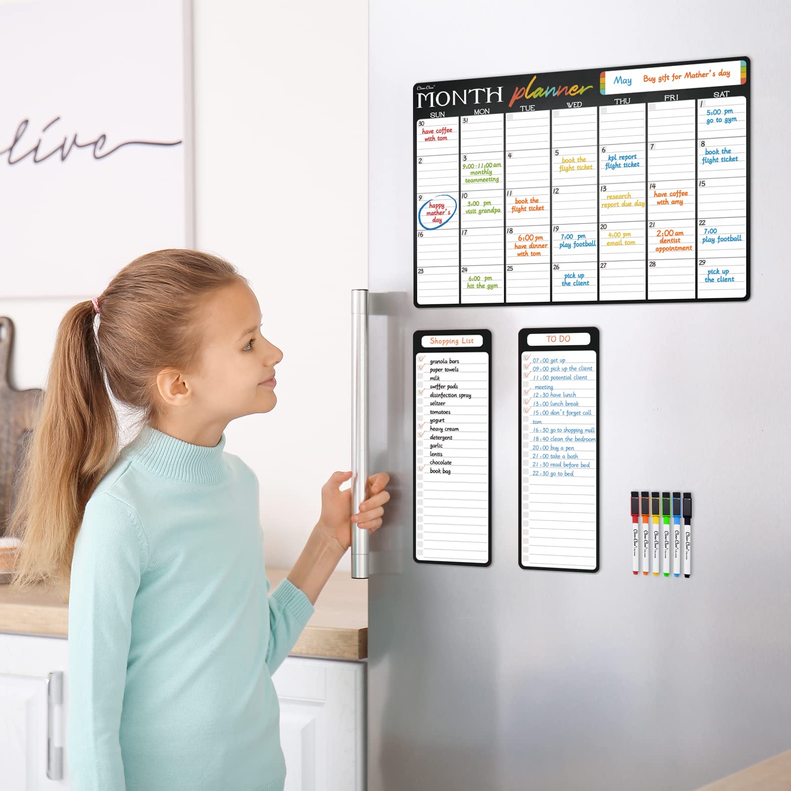 Magnetic Dry Erase Monthly Calendar - 17"x12" Monthly Calendar for Fridge - 4"x12" List Board 2 Pcs - 6 Extra Fine Point Markers Included - Shipped Flat