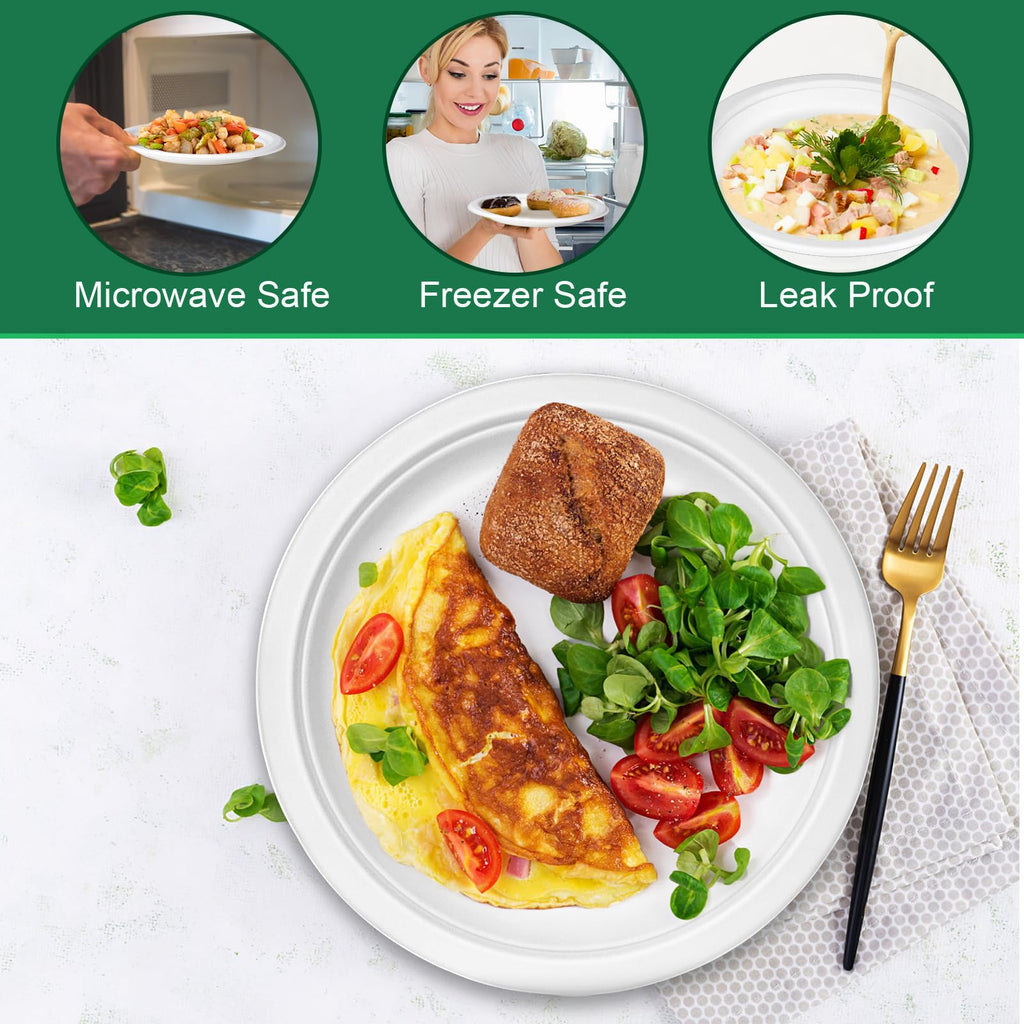 Uniecocus Disposable Paper Plates 9 inch, 200 Pack White Paper Plates Bulk, Eco Friendly Biodegradable Compostable Plates, Sturdy Dinner Paper Plates Heavy Duty for Party Wedding
