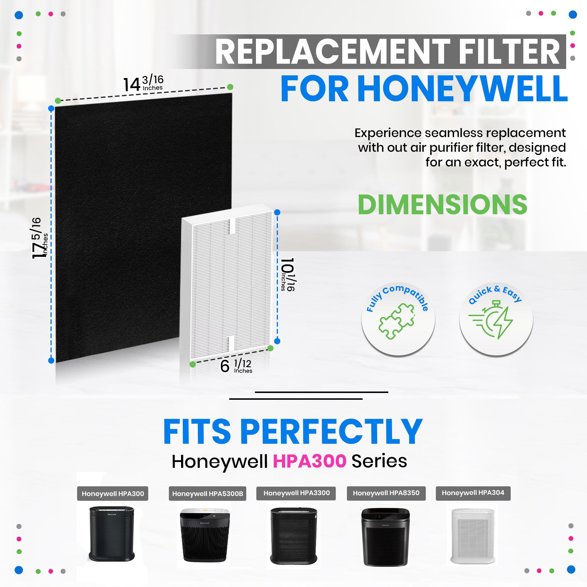 Bagean HPA300 Filter R Compatible with Honeywell Air Purifier Filter Replacement - HRF R3 A Fits HPA5300B - H13 True HEPA with Carbon Filters 99.98% Particles & Purifies Air (3 HEPA + 6 Carbon)