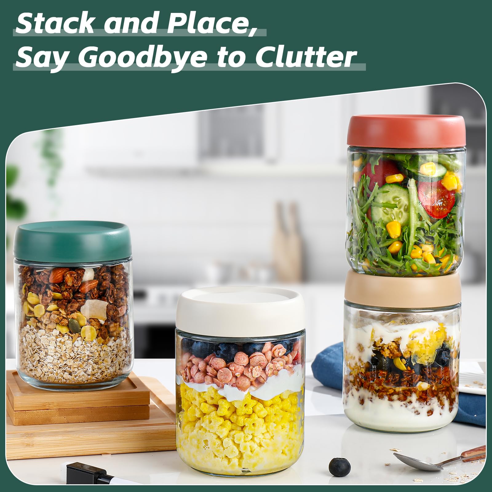 Overnight Oats Jar,Mason Jars,Overnight Oats Containers With Lids,16 OZ - Set Of 4,Chia Pudding Jars With Lids, Oatmeal Container To Go, With Spoon And Marker