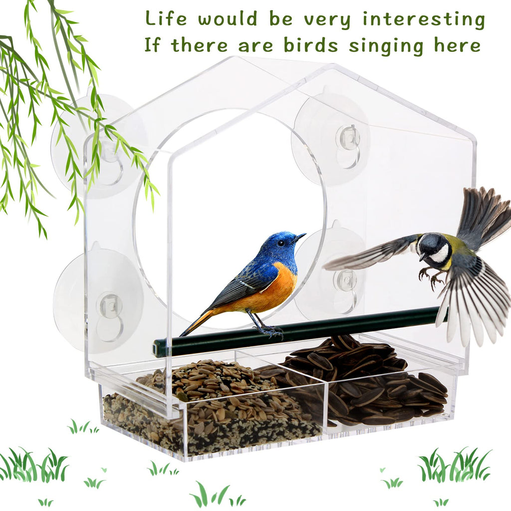 Suekiria Acrylic Window Bird Feeder with 4 Strong Suction Cups, Clear Bird House, Removable Food Tray with Drain Holes, Easy Install and Clean for Backyard and Outdoor